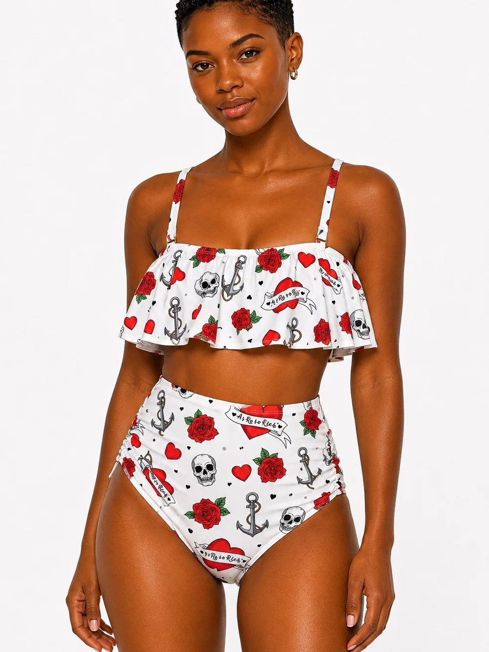 AS ROSE RICH White Red Roses & Skulls Ruffle Top - High-Waist Bikini Set MED NWT